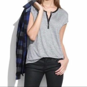 Madewell | Henley Grey Leather Trim 1/4 Button Top